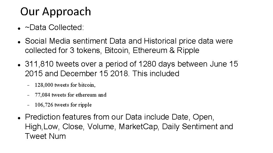 Our Approach ~Data Collected: Social Media sentiment Data and Historical price data were collected