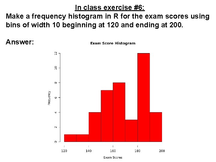 In class exercise #6: Make a frequency histogram in R for the exam scores