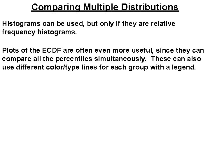 Comparing Multiple Distributions Histograms can be used, but only if they are relative frequency