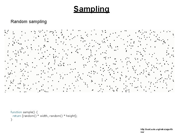 Sampling Random sampling function sample() { return [random() * width, random() * height]; }