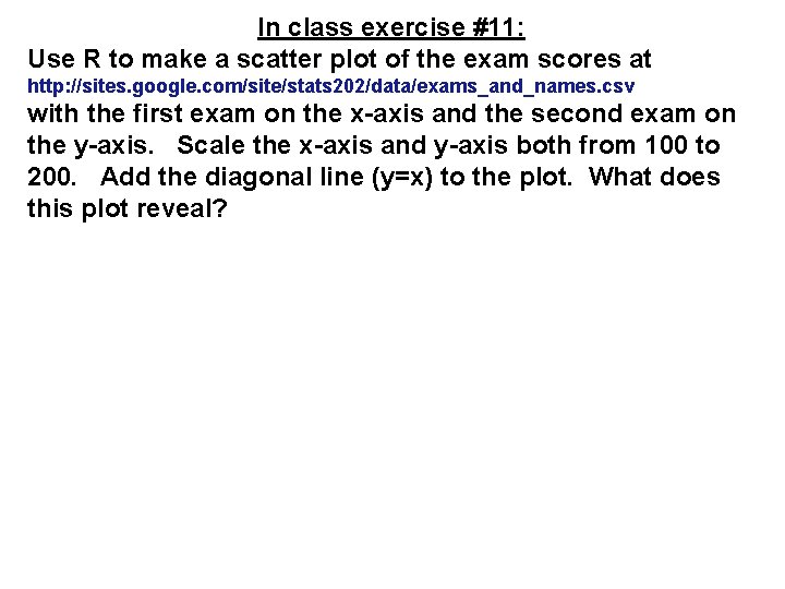 In class exercise #11: Use R to make a scatter plot of the exam