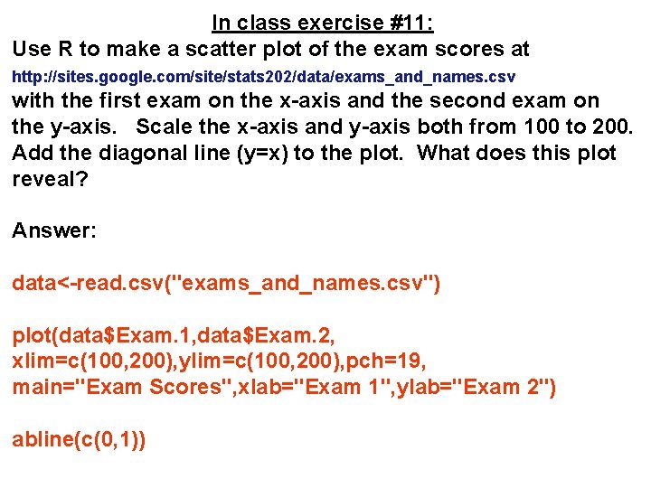 In class exercise #11: Use R to make a scatter plot of the exam