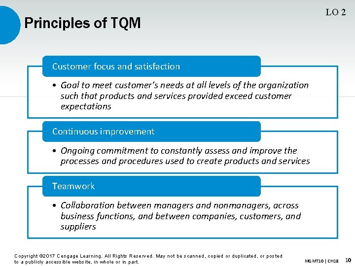 LO 2 Principles of TQM Customer focus and satisfaction • Goal to meet customer’s