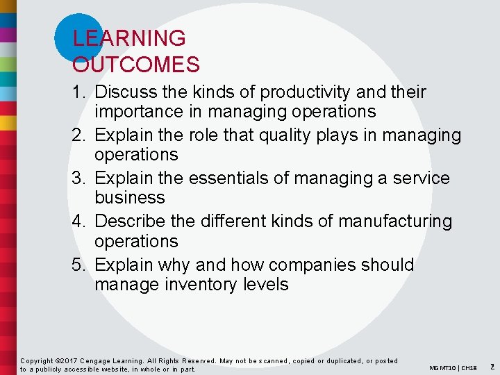 LEARNING OUTCOMES 1. Discuss the kinds of productivity and their importance in managing operations
