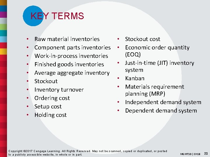 KEY TERMS • • • Raw material inventories Component parts inventories Work-in-process inventories Finished
