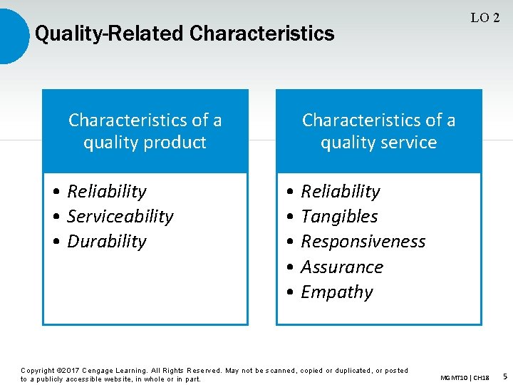 LO 2 Quality-Related Characteristics of a quality product • Reliability • Serviceability • Durability