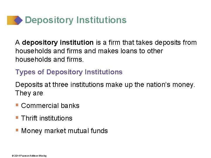 Depository Institutions A depository institution is a firm that takes deposits from households and