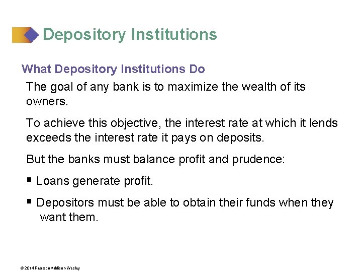 Depository Institutions What Depository Institutions Do The goal of any bank is to maximize