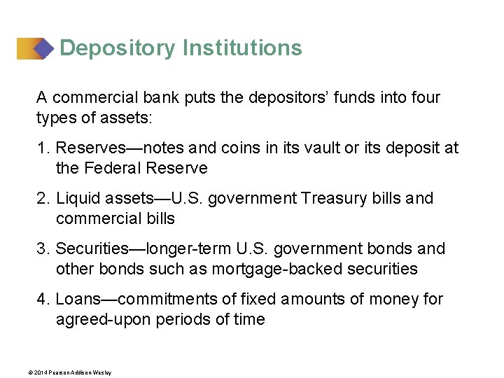 Depository Institutions A commercial bank puts the depositors’ funds into four types of assets: