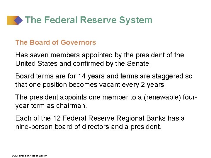 The Federal Reserve System The Board of Governors Has seven members appointed by the