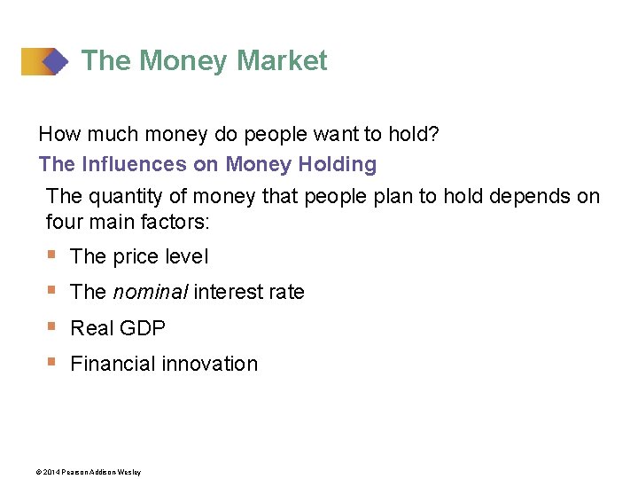 The Money Market How much money do people want to hold? The Influences on