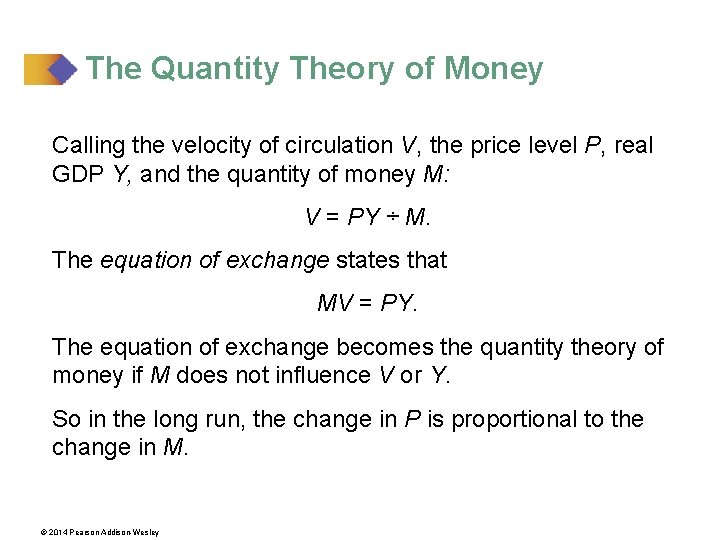 The Quantity Theory of Money Calling the velocity of circulation V, the price level