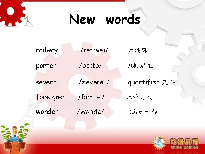 New words railway /5 re. Ilwe. I/ n. 铁路 porter /5 p. C: t[/