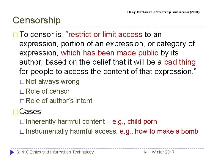 • Kay Mathieson, Censorship and Access (2008) Censorship � To censor is: “restrict • Kay Mathieson, Censorship and Access (2008) Censorship � To censor is: “restrict