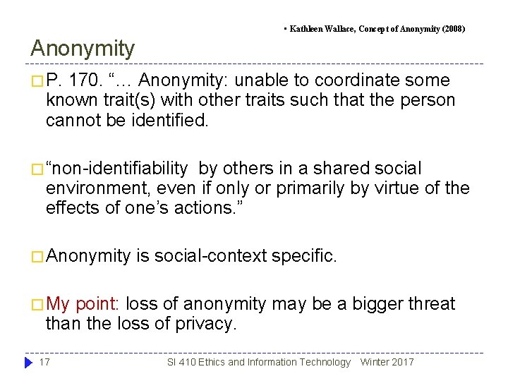 • Kathleen Wallace, Concept of Anonymity (2008) Anonymity � P. 170. “… Anonymity: • Kathleen Wallace, Concept of Anonymity (2008) Anonymity � P. 170. “… Anonymity:
