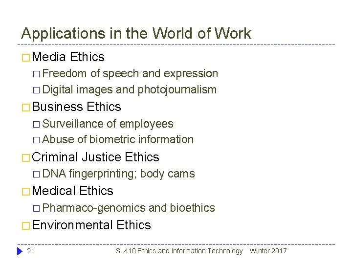 Applications in the World of Work � Media Ethics � Freedom of speech and Applications in the World of Work � Media Ethics � Freedom of speech and