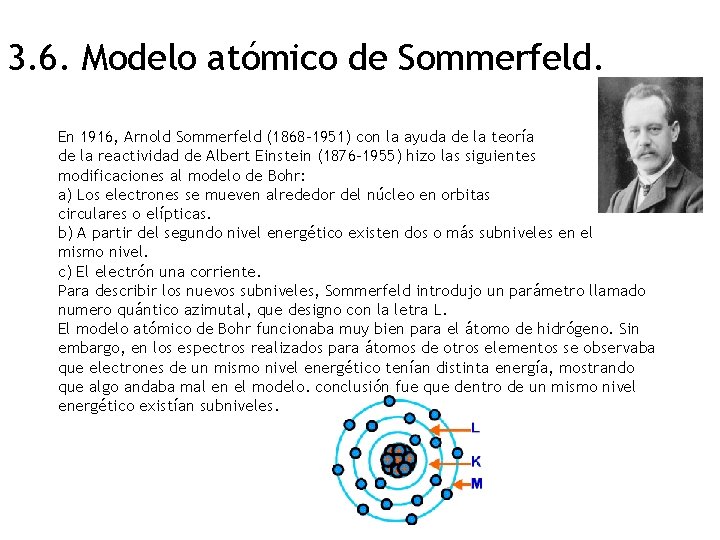 3. 6. Modelo atómico de Sommerfeld. En 1916, Arnold Sommerfeld (1868 -1951) con la