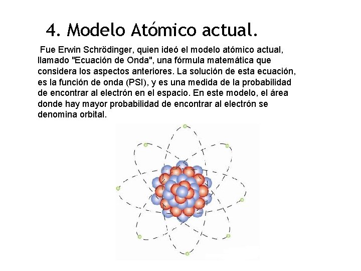 4. Modelo Atómico actual. Fue Erwin Schrödinger, quien ideó el modelo atómico actual, llamado