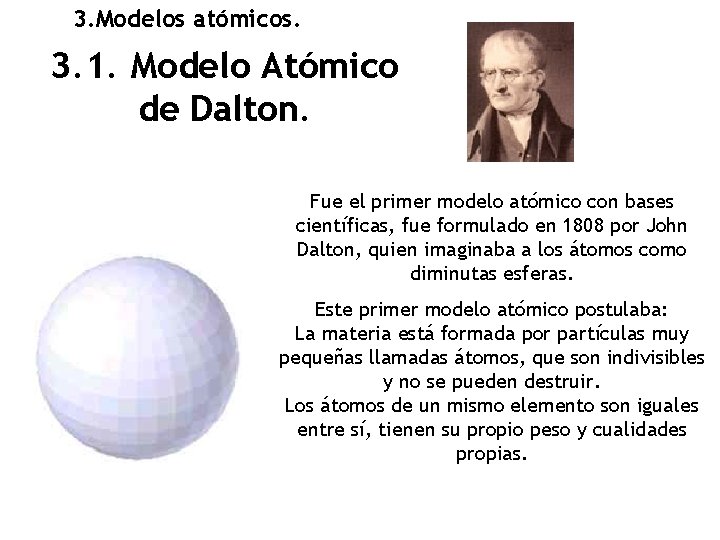 3. Modelos atómicos. 3. 1. Modelo Atómico de Dalton. Fue el primer modelo atómico