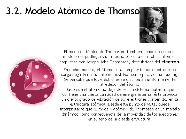 3. 2. Modelo Atómico de Thomson. El modelo atómico de Thompson, también conocido como