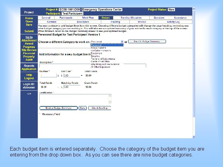 Each budget item is entered separately. Choose the category of the budget item you