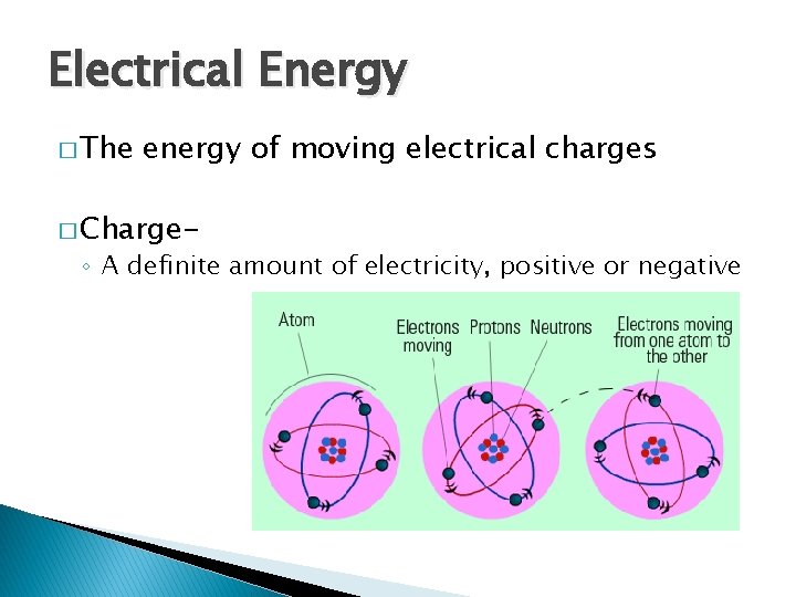 Electrical Energy � The energy of moving electrical charges � Charge- ◦ A definite