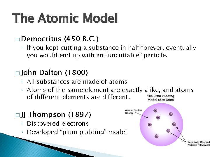 The Atomic Model � Democritus (450 B. C. ) ◦ If you kept cutting