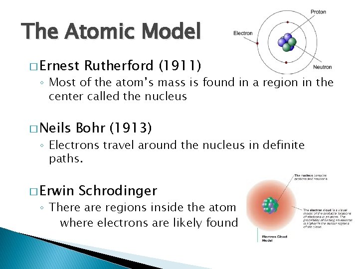 The Atomic Model � Ernest Rutherford (1911) ◦ Most of the atom’s mass is