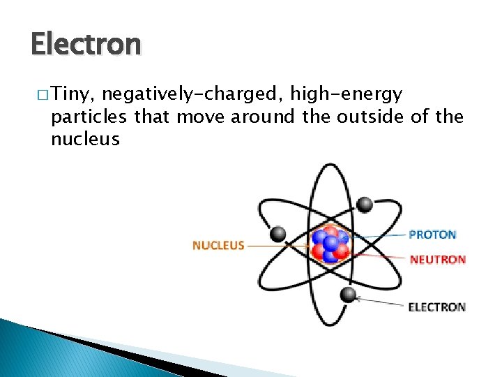 Electron � Tiny, negatively-charged, high-energy particles that move around the outside of the nucleus