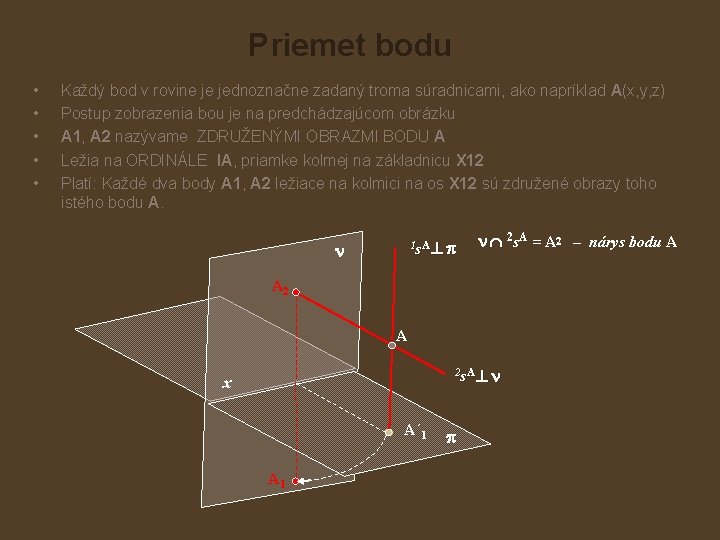 Priemet bodu • • • Každý bod v rovine je jednoznačne zadaný troma súradnicami,