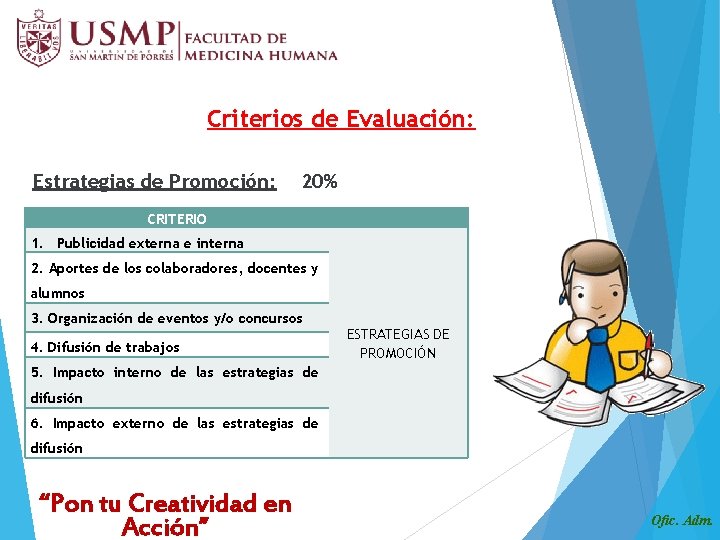 Criterios de Evaluación: 20% CRITERIO Estrategias de Promoción: 1. Publicidad externa e interna 2.