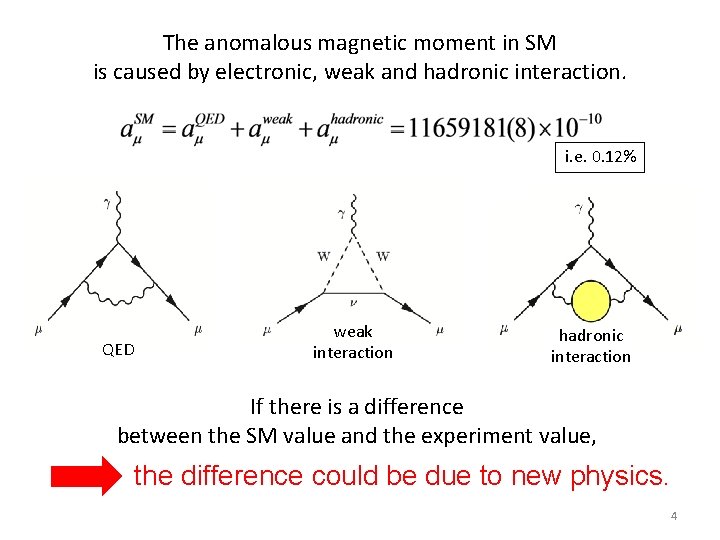The anomalous magnetic moment in SM is caused by electronic, weak and hadronic interaction. The anomalous magnetic moment in SM is caused by electronic, weak and hadronic interaction.