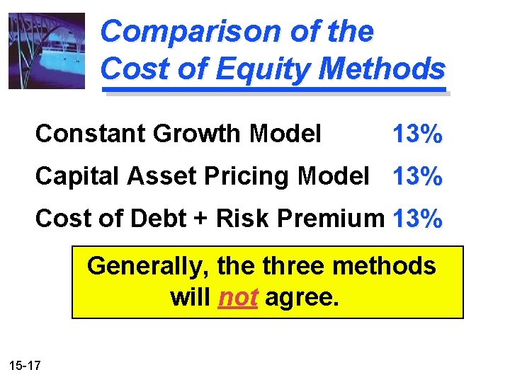 Comparison of the Cost of Equity Methods Constant Growth Model 13% Capital Asset Pricing