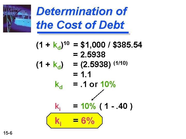 Determination of the Cost of Debt (1 + kd)10 = $1, 000 / $385.