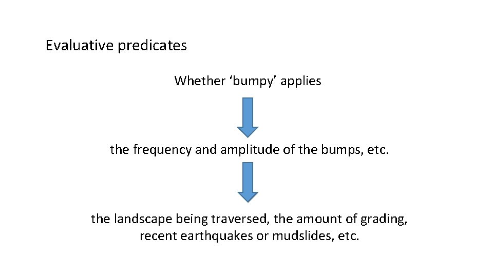 Evaluative predicates Whether ‘bumpy’ applies the frequency and amplitude of the bumps, etc. the