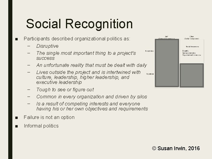 Social Recognition ■ Participants described organizational politics as: – Disruptive – The single most