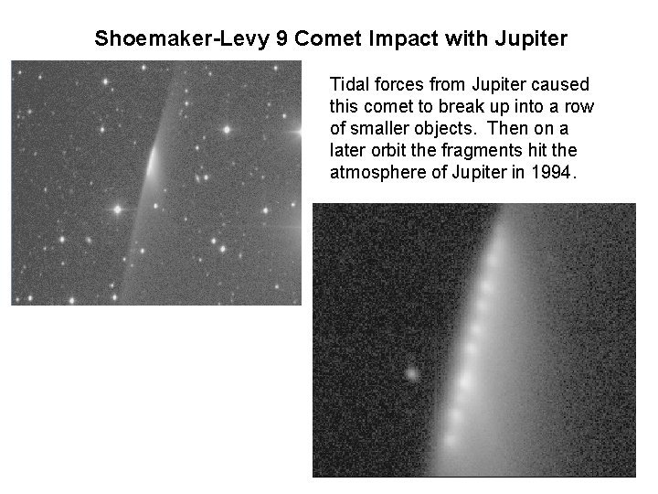 Shoemaker-Levy 9 Comet Impact with Jupiter Tidal forces from Jupiter caused this comet to Shoemaker-Levy 9 Comet Impact with Jupiter Tidal forces from Jupiter caused this comet to