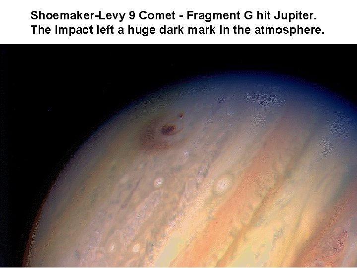Shoemaker-Levy 9 Comet - Fragment G hit Jupiter. The impact left a huge dark Shoemaker-Levy 9 Comet - Fragment G hit Jupiter. The impact left a huge dark