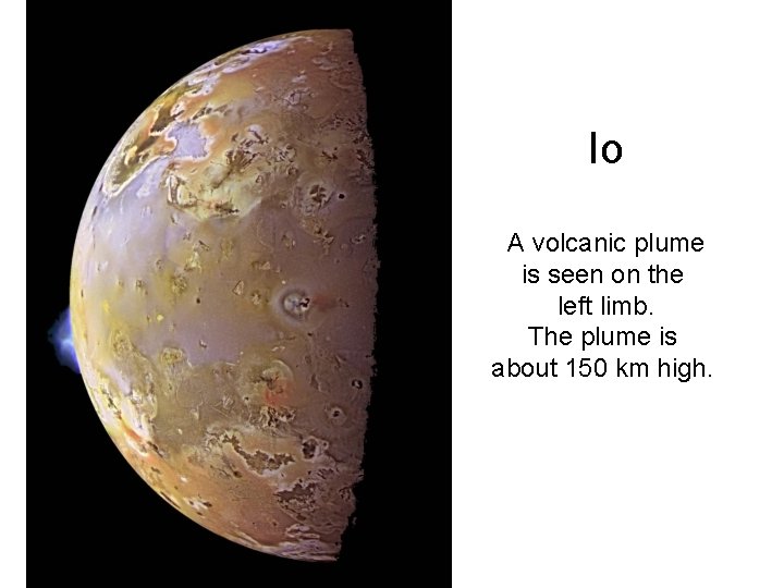 Io A volcanic plume is seen on the left limb. The plume is about Io A volcanic plume is seen on the left limb. The plume is about
