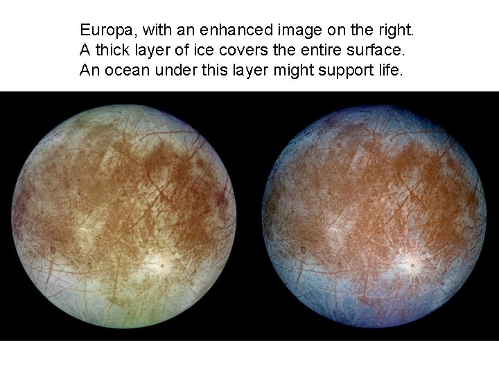 Europa, with an enhanced image on the right. A thick layer of ice covers Europa, with an enhanced image on the right. A thick layer of ice covers