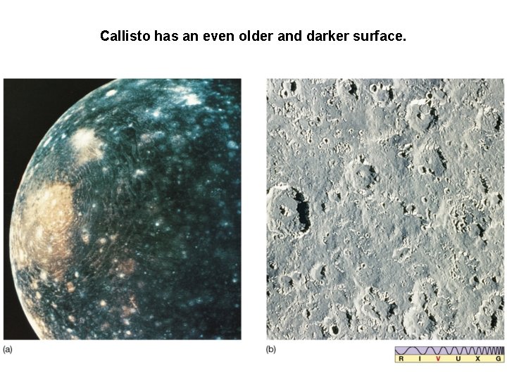 Callisto has an even older and darker surface. Callisto has an even older and darker surface.
