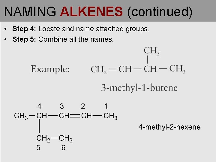 NAMING ALKENES (continued) • Step 4: Locate and name attached groups. • Step 5: