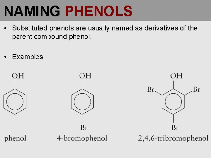 NAMING PHENOLS • Substituted phenols are usually named as derivatives of the parent compound