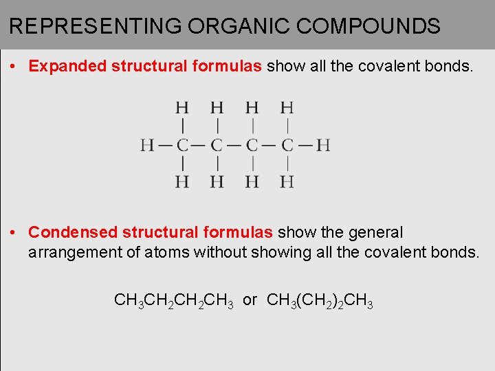 REPRESENTING ORGANIC COMPOUNDS • Expanded structural formulas show all the covalent bonds. • Condensed