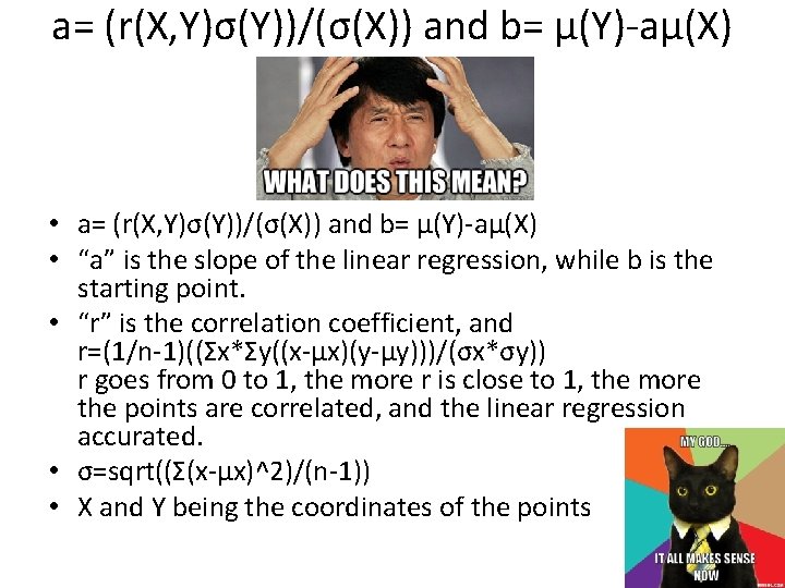 a= (r(X, Y)σ(Y))/(σ(X)) and b= μ(Y)-aμ(X) • a= (r(X, Y)σ(Y))/(σ(X)) and b= μ(Y)-aμ(X) •