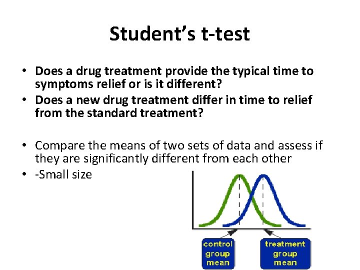 Student’s t-test • Does a drug treatment provide the typical time to symptoms relief