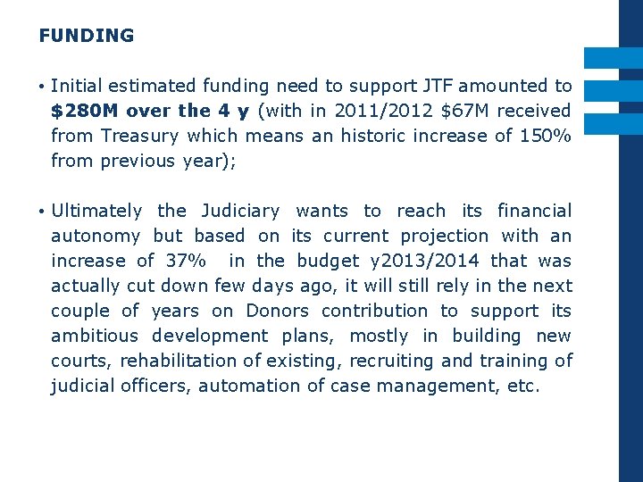 FUNDING • Initial estimated funding need to support JTF amounted to $280 M over