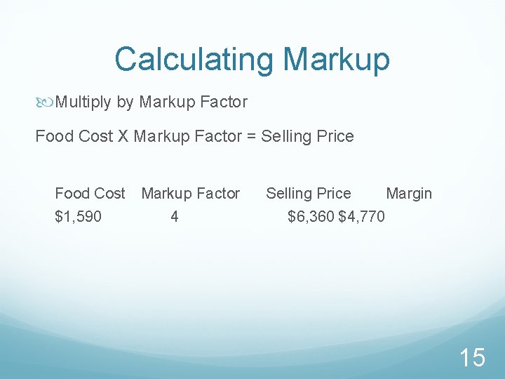 Calculating Markup Multiply by Markup Factor Food Cost X Markup Factor = Selling Price