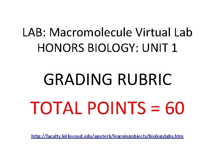 LAB: Macromolecule Virtual Lab HONORS BIOLOGY: UNIT 1 GRADING RUBRIC TOTAL POINTS = 60