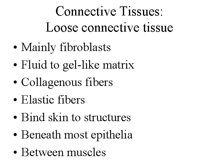 Connective Tissues: Loose connective tissue • • Mainly fibroblasts Fluid to gel-like matrix Collagenous